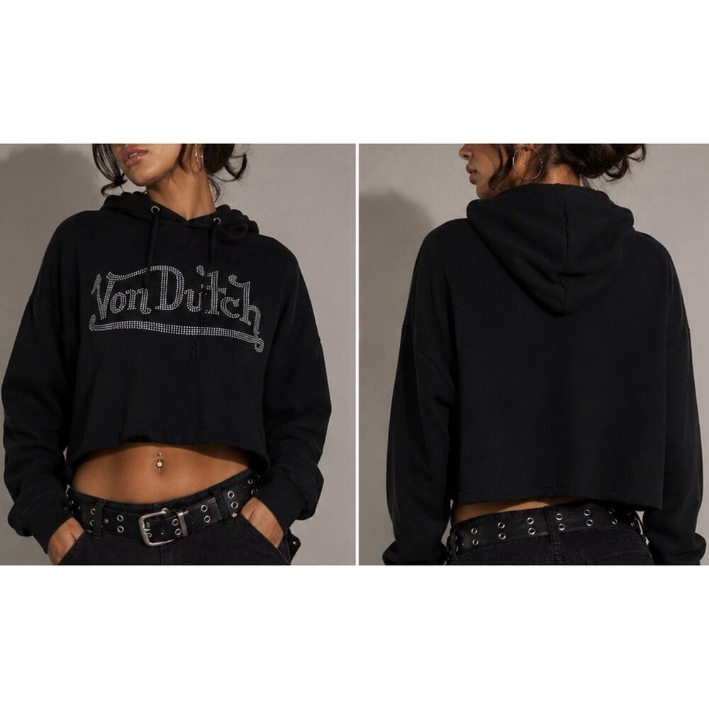 Von Dutch Vintage Womens Size L Black Cropped Jeweled Logo Pullover Hoodie Y2K - Picture 3 of 10